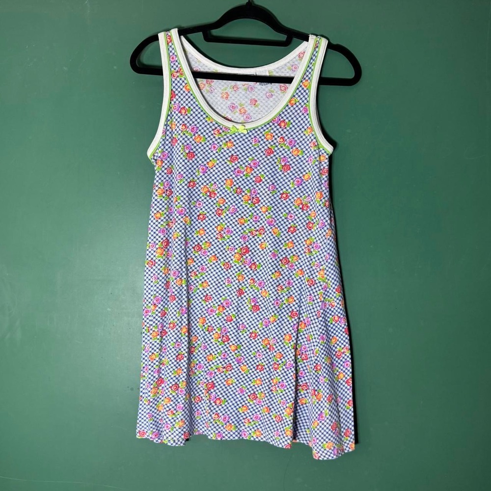 Vintage Arizona Jean Co Y2K Floral Gingham Cotton Tank Dress Blue Multi Size M